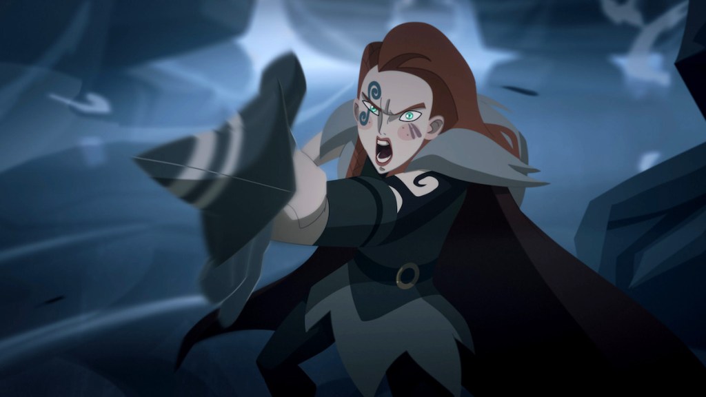 Personagem animada gritando e apontando em um ambiente sombrio.
